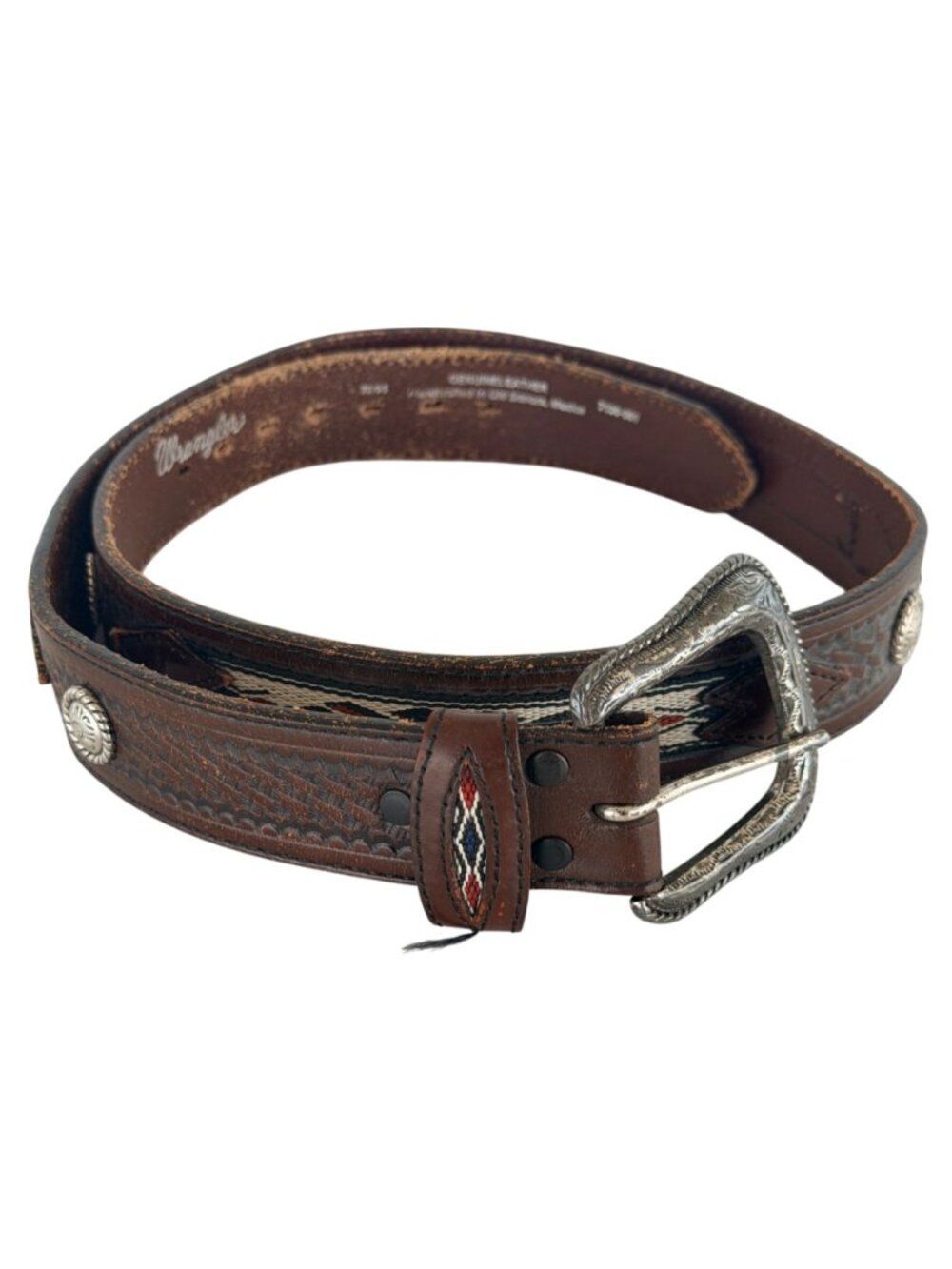 Vintage Wrangler Western Aztec Southwestern Brown Leather Belt Handmade Size 38 - Picture 2 of 11
